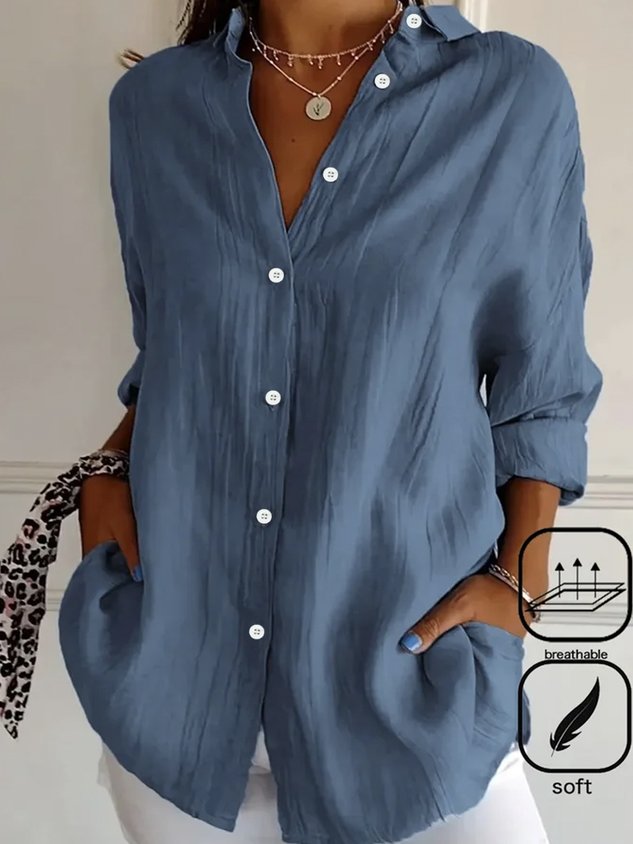 Women's Long Sleeve Shirt Spring/Fall Plain Cotton Shirt Collar Daily Going Out Casual Top Black