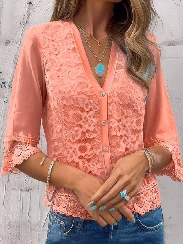 Women's Half Sleeve Lace Edge Shirt Summer Light Blue V Neck Going Out Top