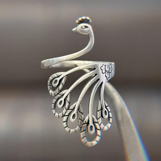 925 Sterling Silver Peacock Ring, Adjustable Size