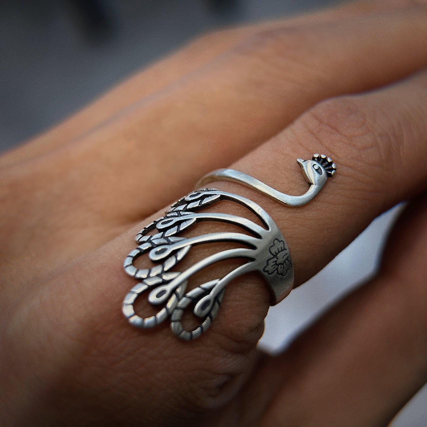 925 Sterling Silver Peacock Ring, Adjustable Size