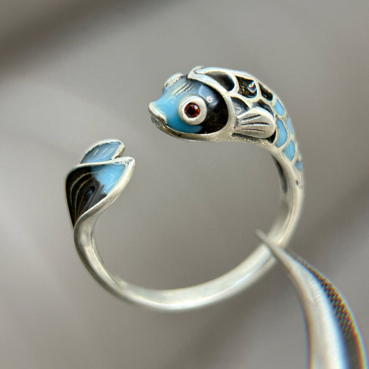 925 Sterling Silver Fish Ring, Enamel Crafted Size Adjustable, Innocent Little Fish