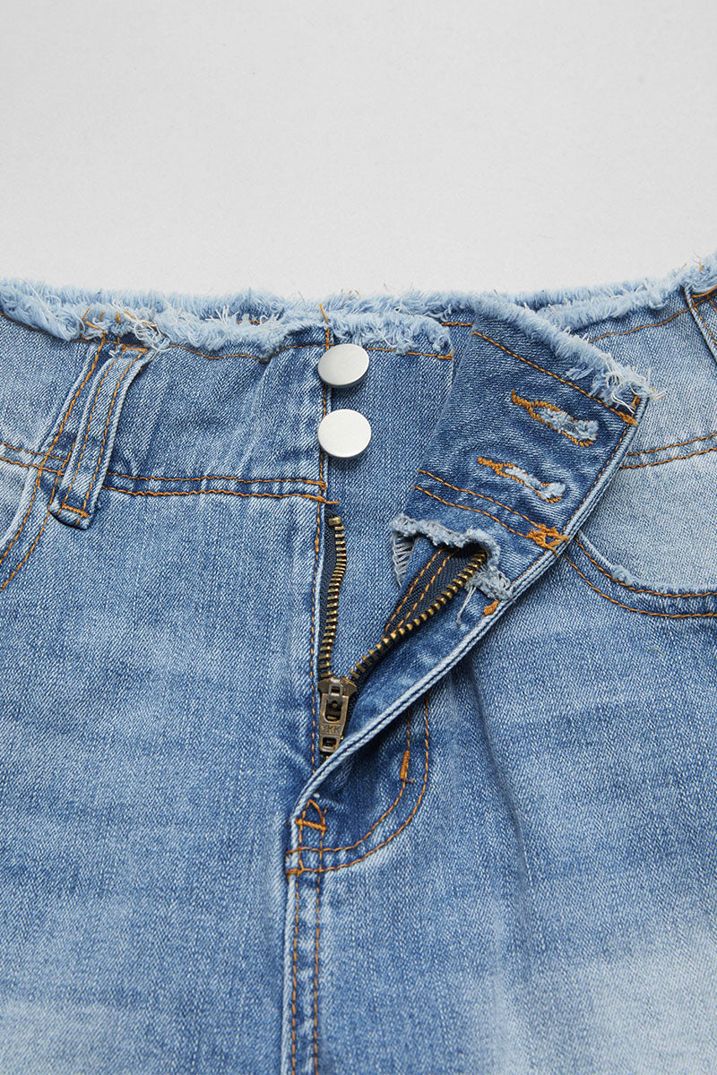 Raw Trim Ripped Dual Button High Waist Denim Shorts