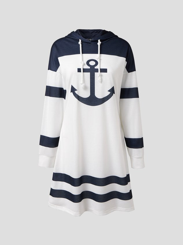 JFN Boat Anchor Printed Casual Long Sleeve Hooded Nautical Dress