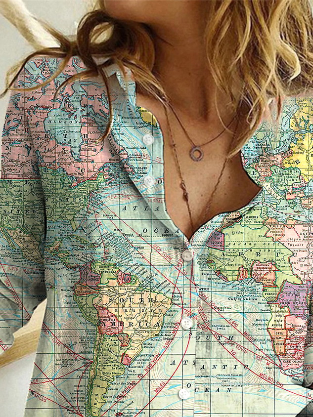 JFN Shirt Collar Collar World Map Casual Shirt
