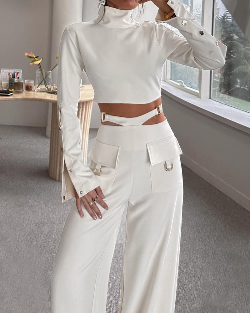Solid color crossover two-piece set with high collar and long sleeves