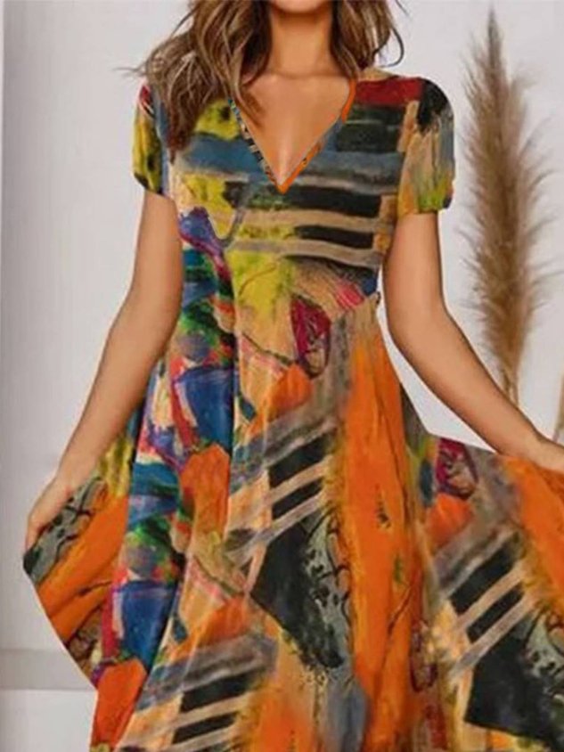Böhmisch Print V-Ausschnitt Geblümt Weberei Kleid