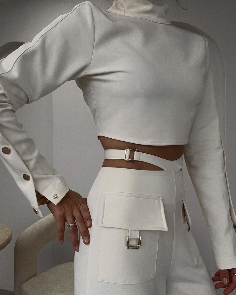 Solid color crossover two-piece set with high collar and long sleeves