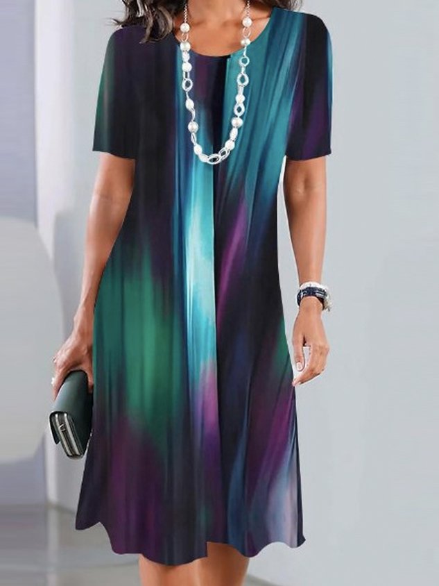 Women's Short Sleeve Summer Random Print Pocket Stitching Dress Crew Neck Daily Going Out Casual Midi H-Line Multicolor