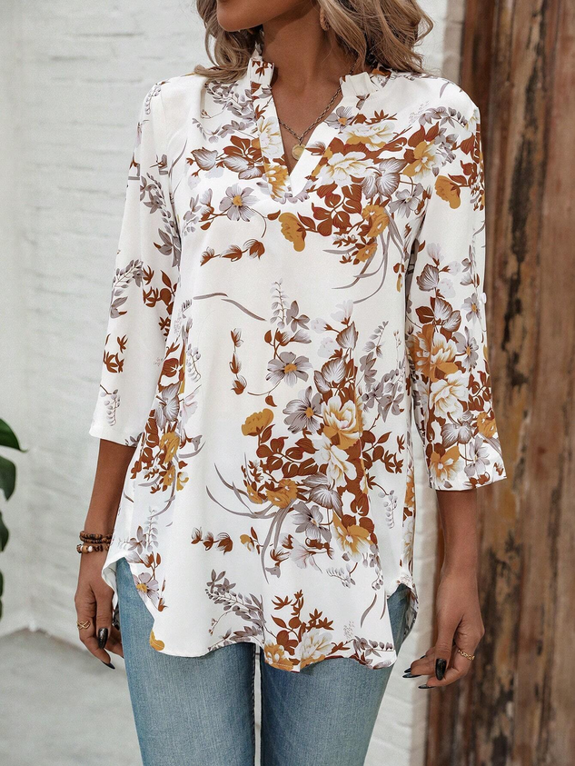 Women's Long Sleeve Blouse Summer White Floral V Neck Daily Going Out Casual Tunic Top