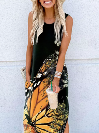 JFN Butterfly Crew Neck Loose Dresses