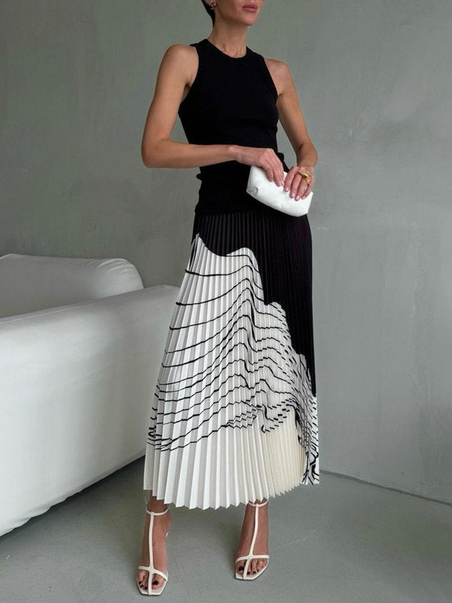 Color Block High Waist Urban Pleated Skirt