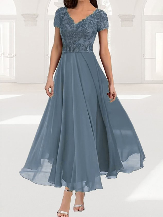Women's Short Sleeve Summer Plain Lace Chiffon V Neck Tea Party Wedding Guest Mother of the Bride Elegant Maxi Formal A-Line Dress Green Purple Blue