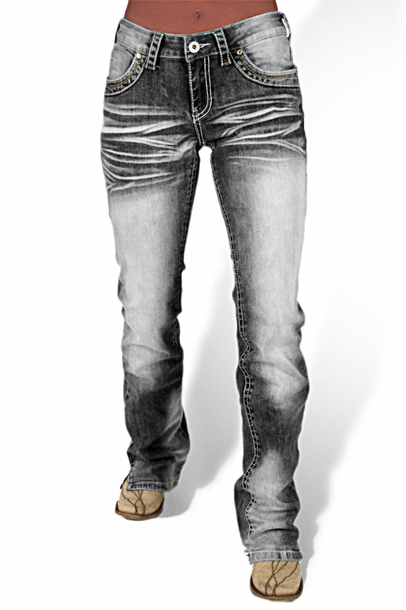 Washed Stretchy Split Hem Mid Rise Bootcut Jeans