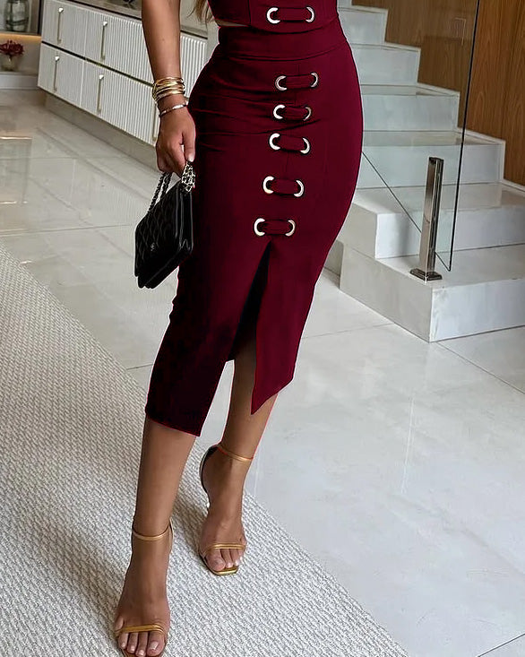 Sleeveless tie solid color two piece suit