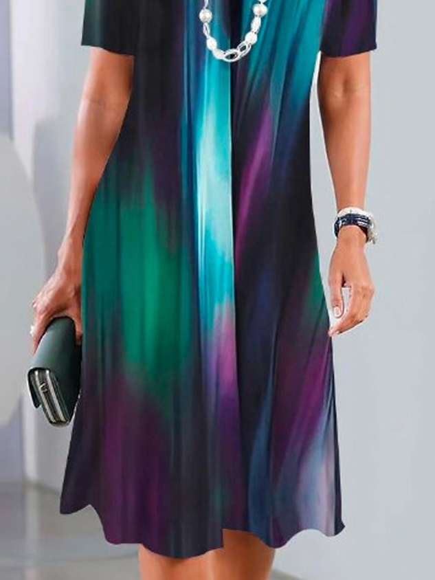 Women's Short Sleeve Summer Random Print Pocket Stitching Dress Crew Neck Daily Going Out Casual Midi H-Line Multicolor