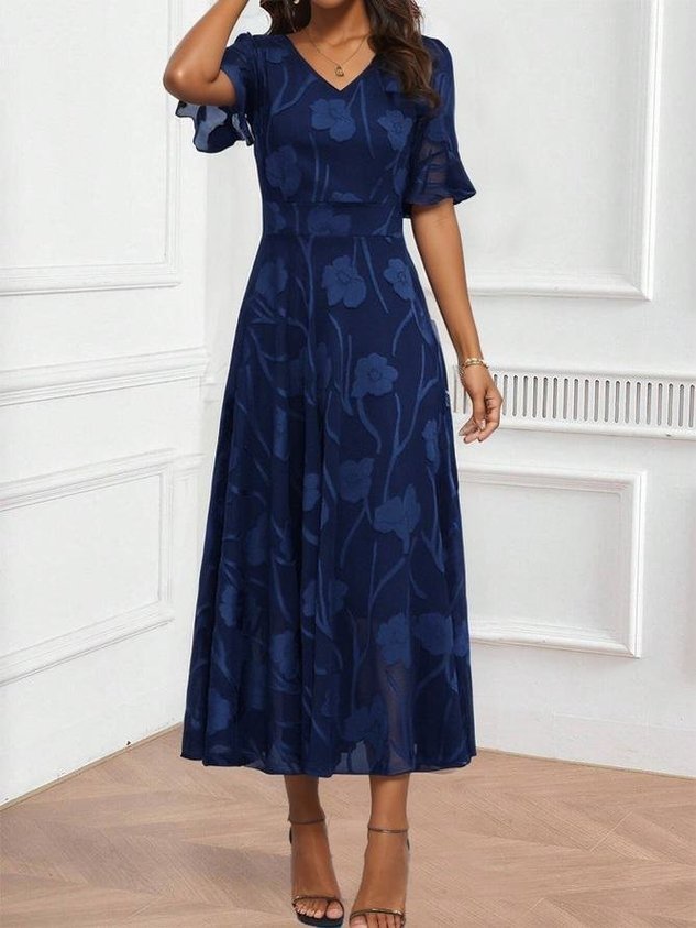 Women's Short Sleeve Summer Floral Dress V Neck Bell Sleeve  Elegant Wedding Guest Blue Flowy Maxi Dress