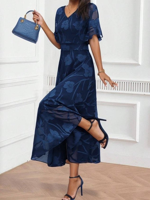 Women's Short Sleeve Summer Floral Dress V Neck Bell Sleeve  Elegant Wedding Guest Blue Flowy Maxi Dress