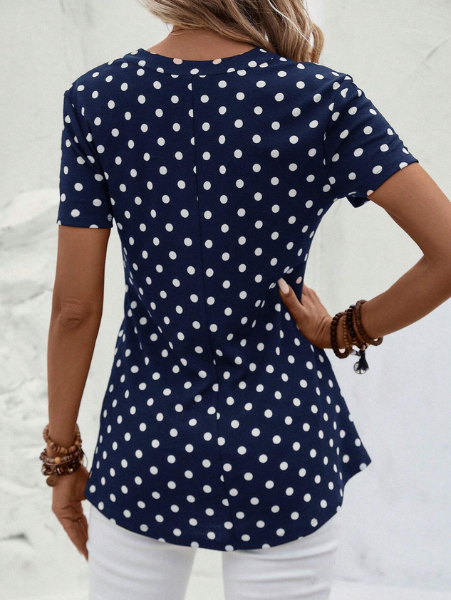 Women's Short Sleeve Blouse Summer Dark Blue Polka Dots Zipper V Neck Going Out Top