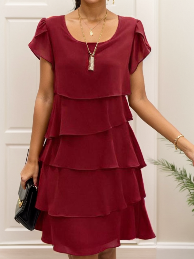 Women's Short Sleeve Summer Plain Folds Chiffon Crew Neck Party Going Out Simple Midi H-Line Pink Dress