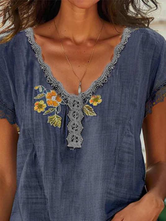 Women's Short Sleeve Cotton Blouse Summer Embroidered V Neck Top