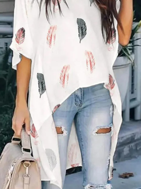 JFN V Neck Feather Irregular Hem Casual Loose Half-Sleeve Blouse Blouse