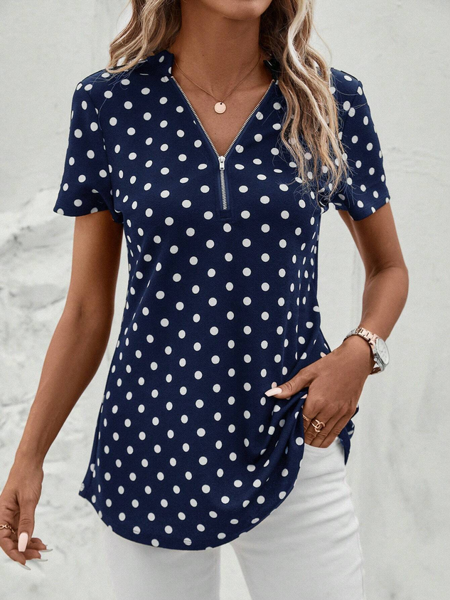 Women's Short Sleeve Blouse Summer Dark Blue Polka Dots Zipper V Neck Going Out Top
