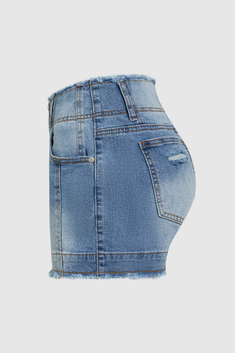 Raw Trim Ripped Dual Button High Waist Denim Shorts