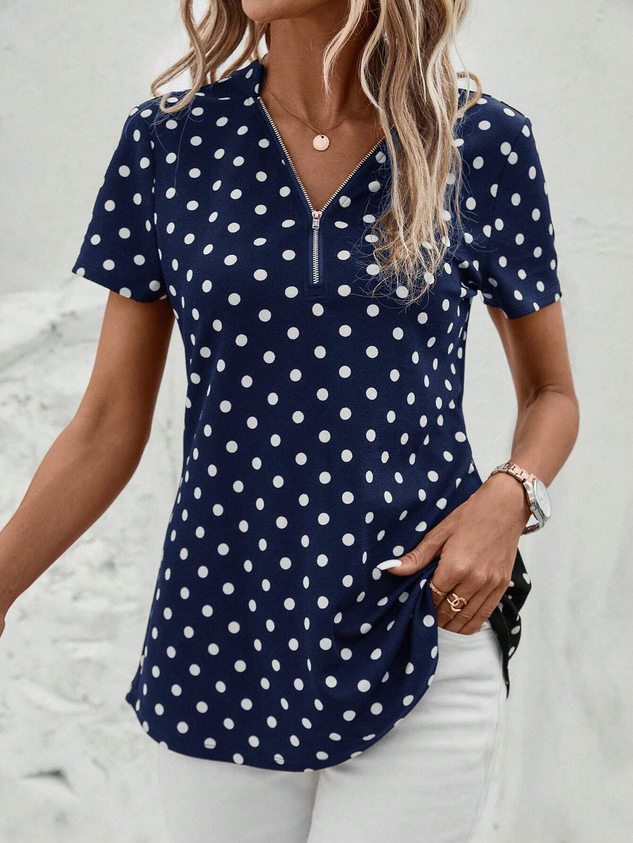 Women's Short Sleeve Blouse Summer Dark Blue Polka Dots Zipper V Neck Going Out Top