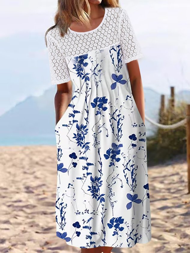 Lässig Blumenmuster Patchwork Spitze Rundhals Kleid