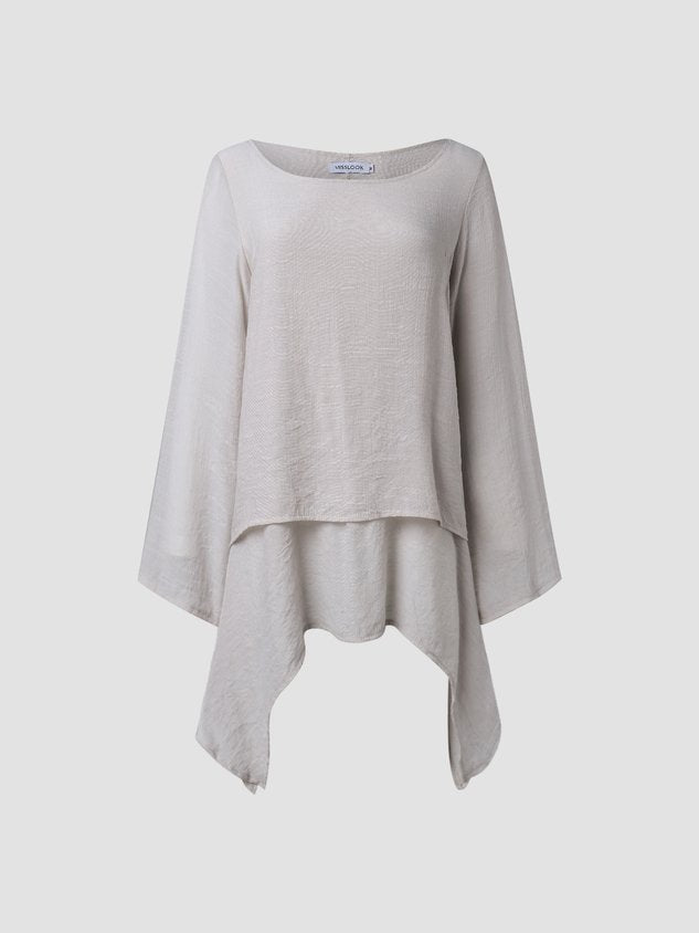 JFN Cotton-blend Round Neck Solid Hi-Lo Basic Tunic Top