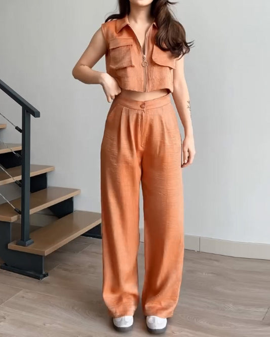 Lapel sleeveless solid color two-piece suit
