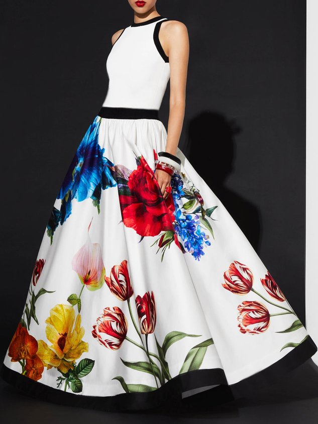 Elegant Floral Loose Umbrella Skirt