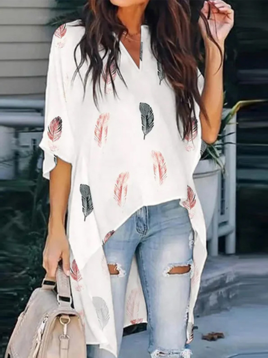 JFN V Neck Feather Irregular Hem Casual Loose Half-Sleeve Blouse Blouse
