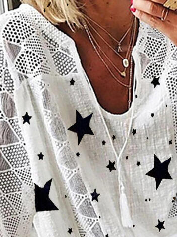 Star  Half Sleeve Shift V Neck Holiday Tops