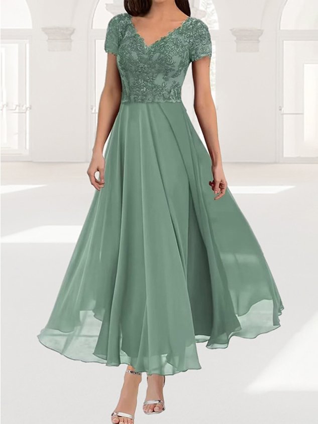 Women's Short Sleeve Summer Plain Lace Chiffon V Neck Tea Party Wedding Guest Mother of the Bride Elegant Maxi Formal A-Line Dress Green Purple Blue