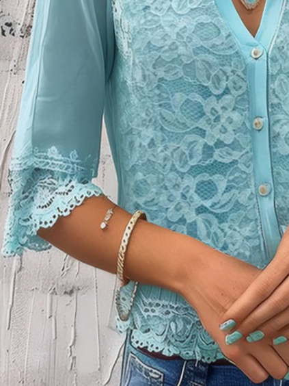 Women's Half Sleeve Lace Edge Shirt Summer Light Blue V Neck Going Out Top