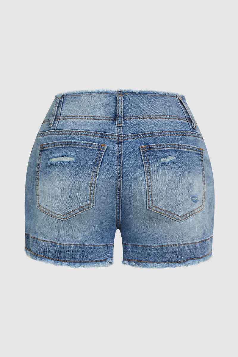 Raw Trim Ripped Dual Button High Waist Denim Shorts