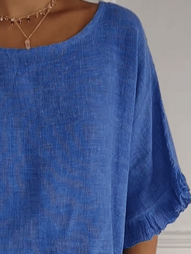 Women's Half Sleeve Shirt Summer Blue Plain Ruffle Cotton Crew Neck Dolman Sleeve Daily Simple Top