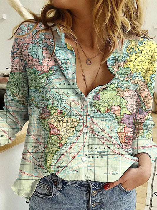 JFN Shirt Collar Collar World Map Casual Shirt